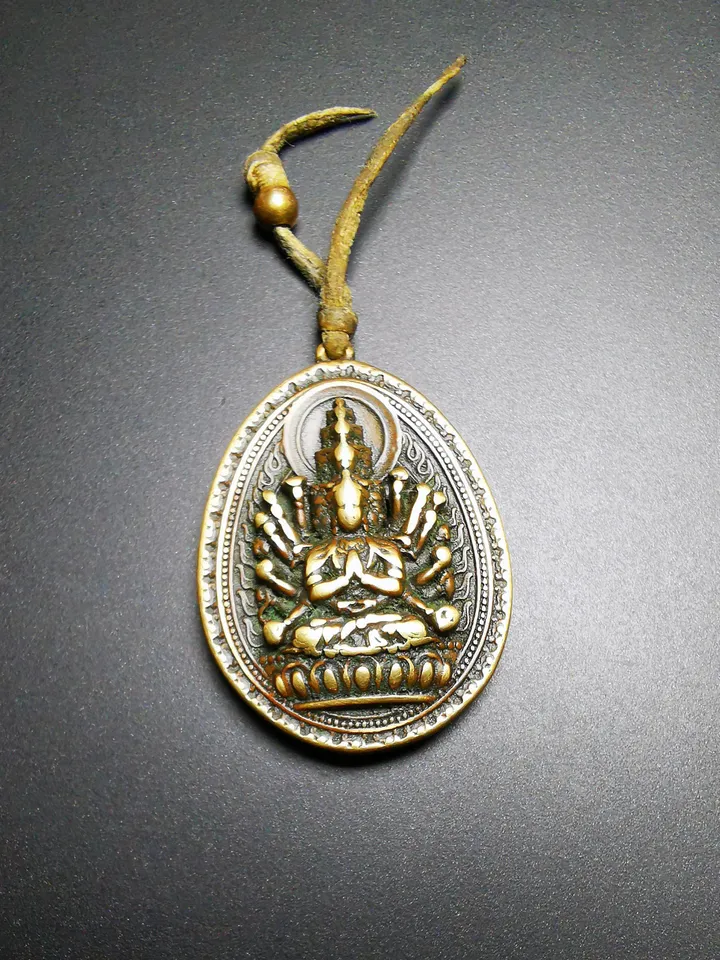 Gandhanra Antique Tibetan Buddhist Protective Pendant,Double Sided Avalokitesvara Amulet,Padmapani,Kuanyin Pendant,Made of Brass