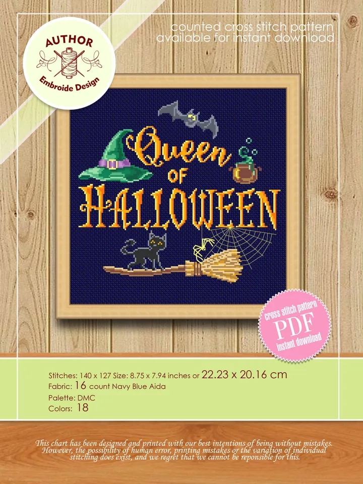 Halloween quotes cross stitch pattern digital PDF Halloween queen cross stitch Halloween embroidery Funny xstitch chart Beginner stitch #H13