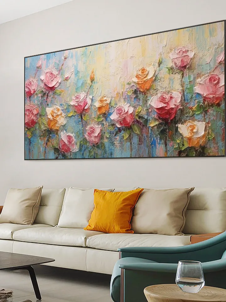 Original Roses Oil Painting On Canvas, Abstract Flowers Painting, Large Wall Art, Pink Roses Decor, Custom Painting,Living room Wall Decor