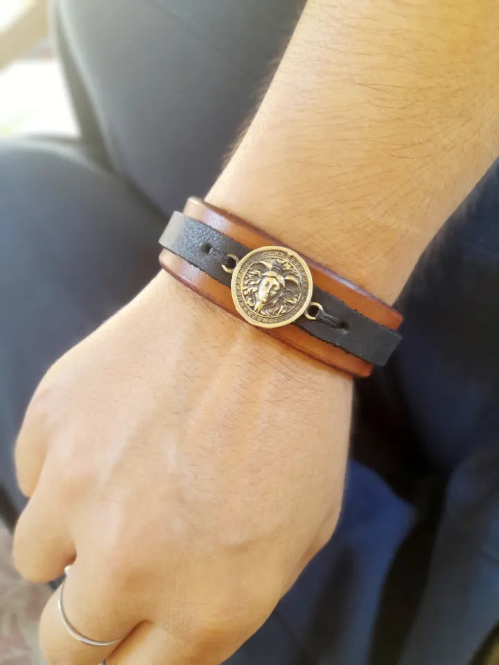 Medusa Bracelet, Black Brown Layered Leather Cuff, Handmade Men Leather Cuff, Greek Mythology Medusa Head, Statement Jewelry, Secret Message