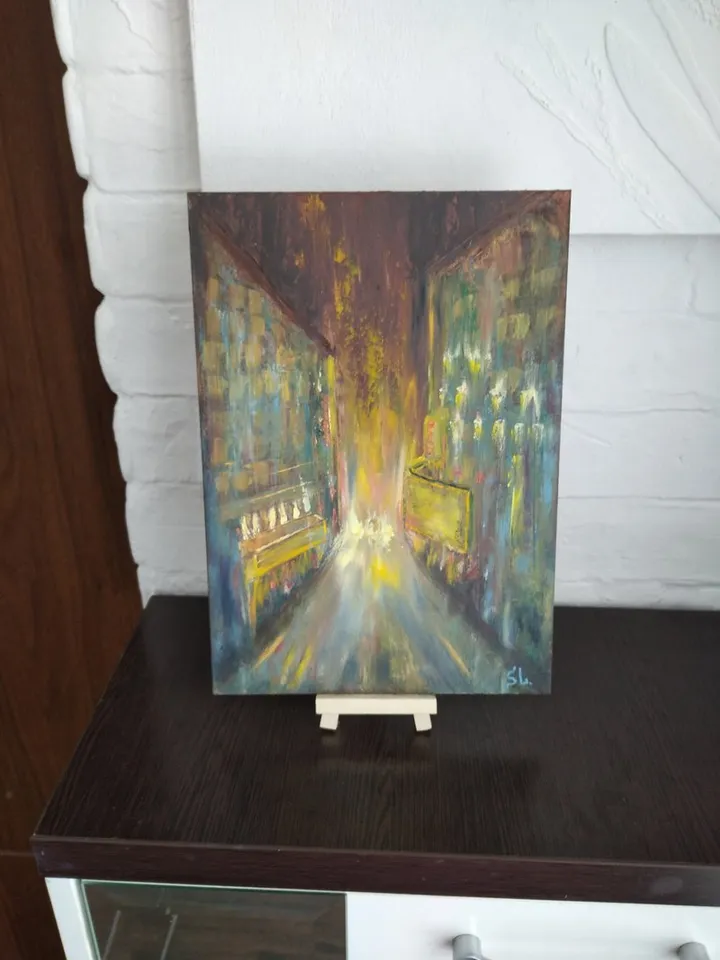 Oil painting with night city and lanterns, original art, night on the city streets, cardboard 12x8 inches
