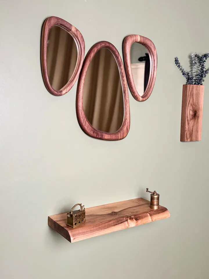 Walnut Framed Mirror,Mid Century Mirror,Organic Mirror,Wood Framed Mirror,İrregular Mirror,Asymmetrical Mirror,Mirror Wall Decor,Curved
