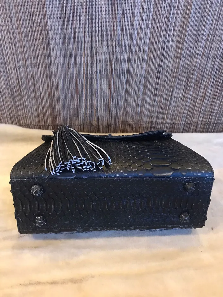 Top handle black w white classy genuine python skin bag | exotic leather bags | Elegant women purse | snake skin bag | designer leather bag