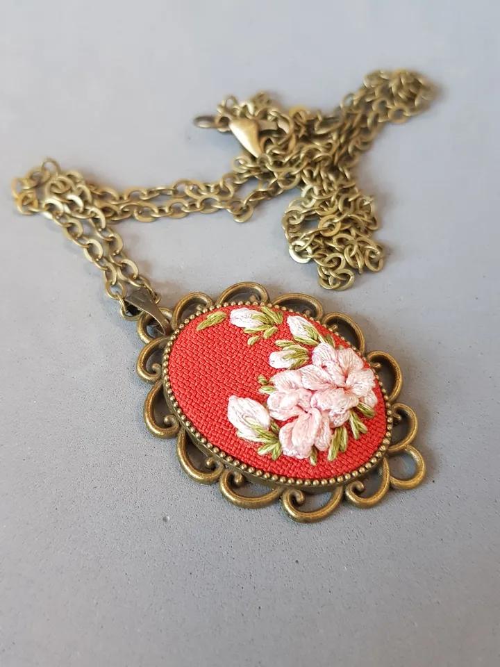 Ribbon embroidered pendant for her, handmade jewelry, art 44