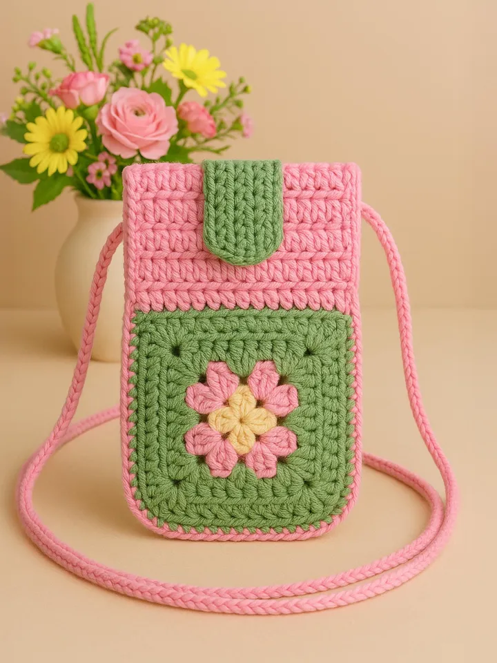 Granny Square Flower Crochet Phone Bag PDF Pattern – Cute Pink Green Crossbody Pouch Tutorial – DIY Floral Mobile Purse Pattern