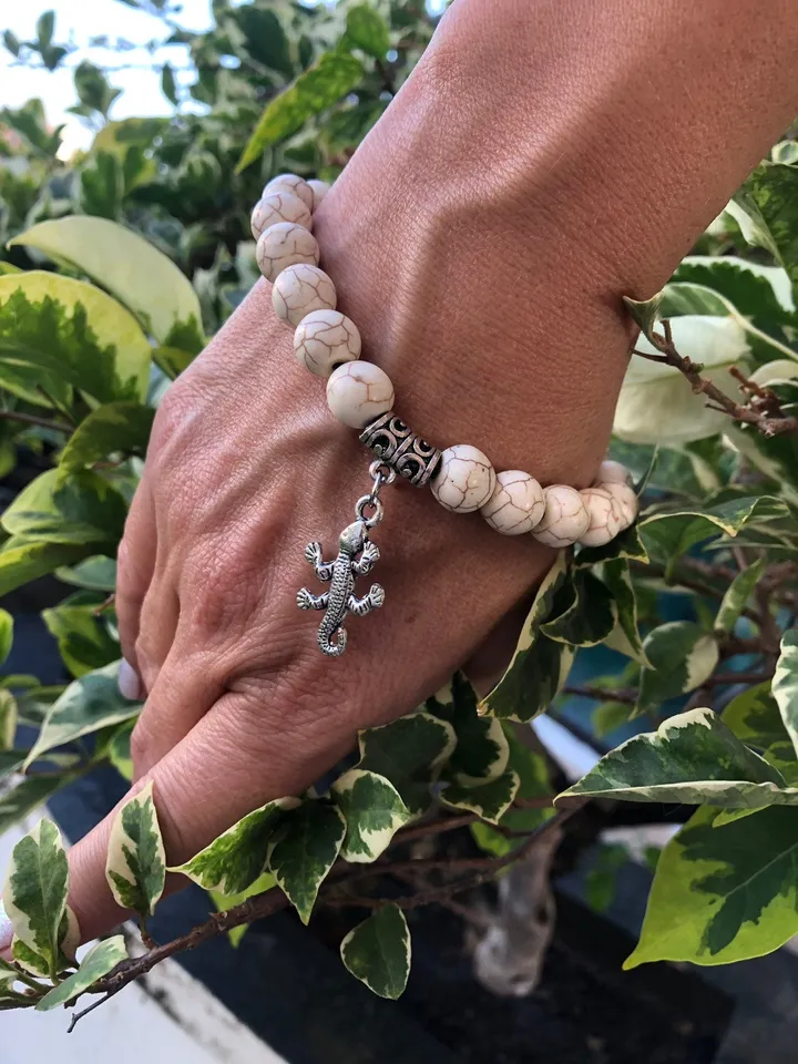 Gekkon White Beige Howlith Bracelet Women | Bali Gekko Bracelet | Handmade White Lizard Bracelet | Beads Jewerly | Handmade Jewerly Womene