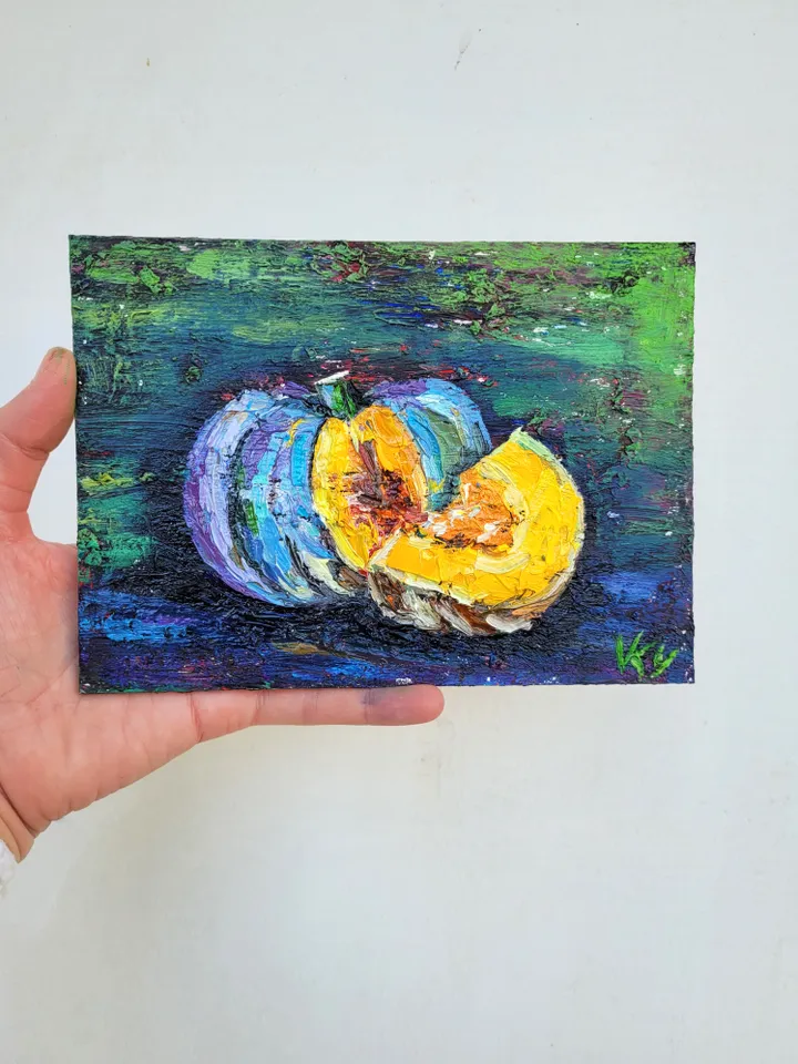 Pumpkin Painting Kitchen Wall Art Impasto Oil Painting 5x7 Fall Original Art Vegetable Wall Art Food Artwork Farmhouse Art Halloween by ArtFromVictoria