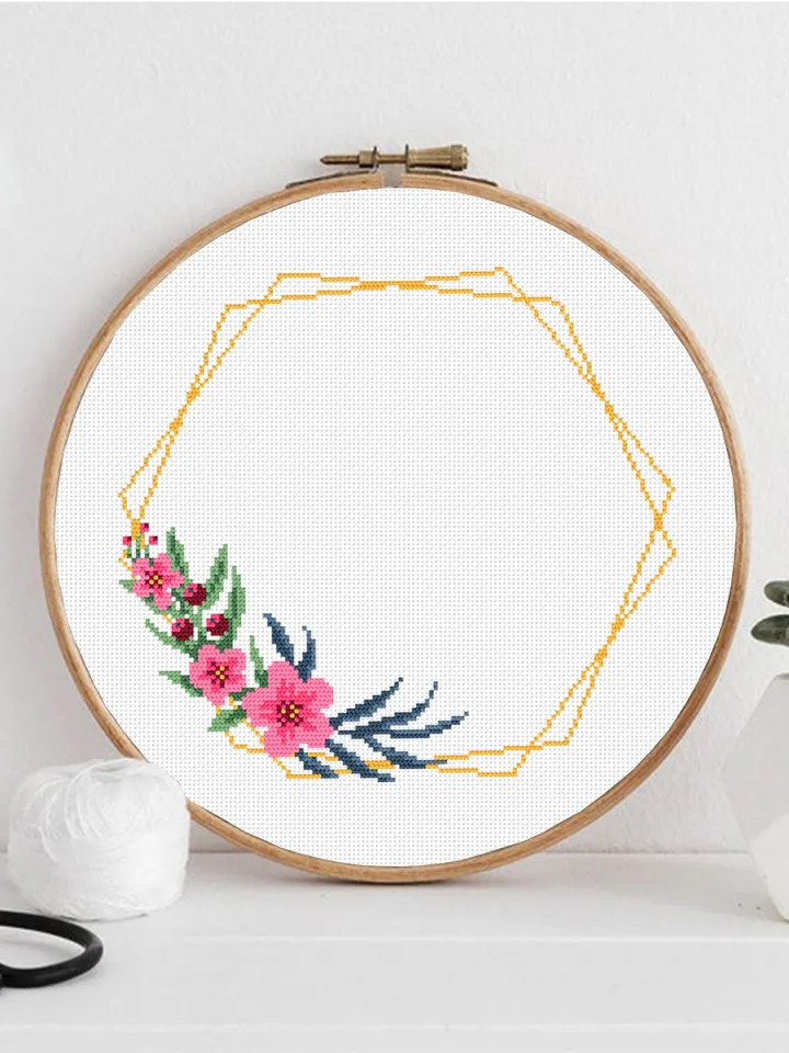 Flower frame cross stitch pattern PDF download Your text here, Simple wreath cross stitch chart, Pentagon frame pattern digital PDF #Y6