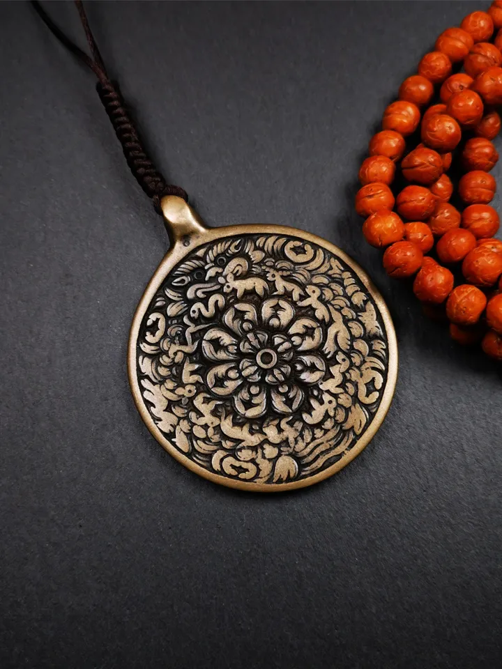Gandhanra Vintage Tibetan Buddhist Calendar Badge,Melong Mirror, SIPAHO Amulet,Unique Mandala Flower Pattern,made of Lima Brass,2.16"