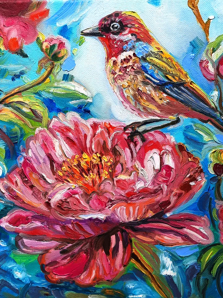Bird Red Art Original Oil Painting Oil on canvas