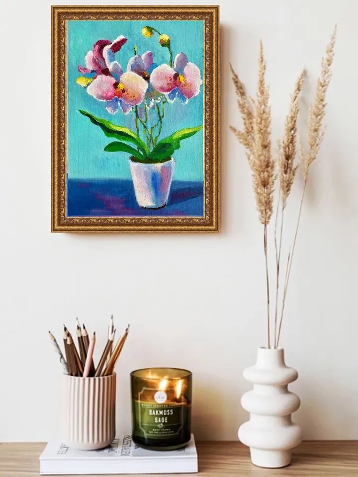 Orchid painting, original flower oil painting, pink floral art