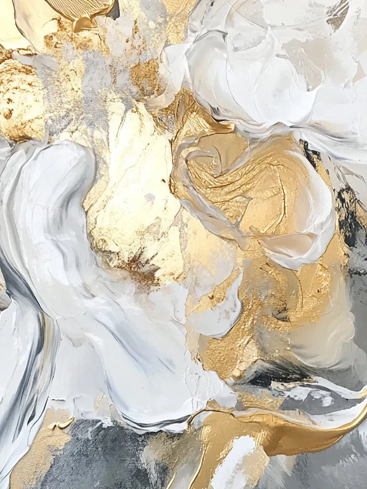 Hand-Painted Abstract Oil Painting | Modern Wall Art with Gold and Gray Accents | Elegant White and Silver Home Decor for Living Room
