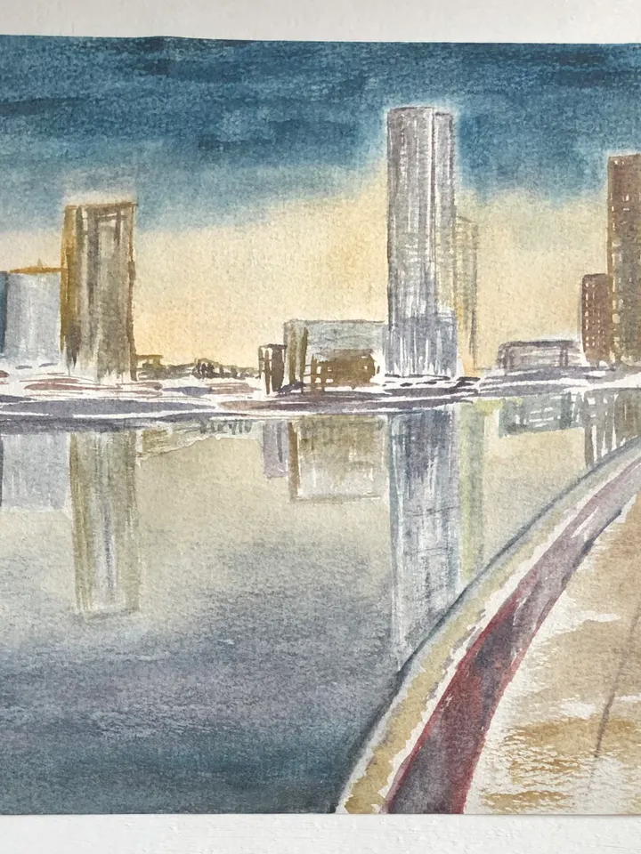 Night city cityscape wall art hand painted modern watercolour painting