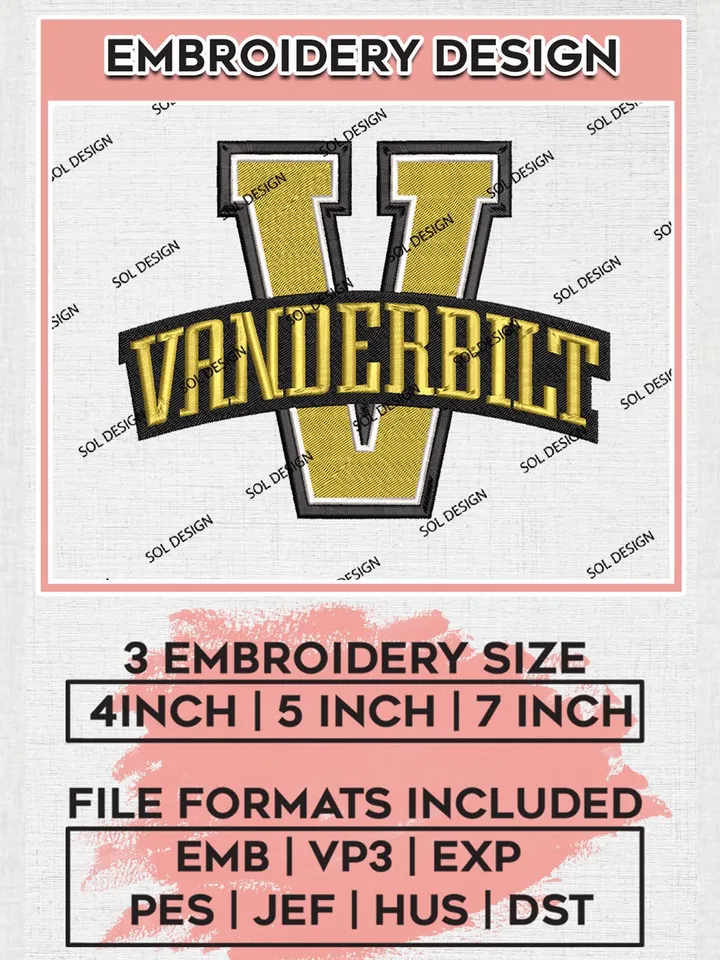 NCAA Vanderbilt Team Logo Machine Embroidery Design, NCAA Vanderbilt Commodores Team Design Design files, NCAA Team Embroidery Designs, NCAA Machine Embroidery Designs, Digital Download