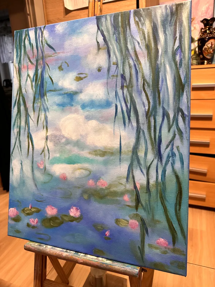 Oil Painting Water Lilies Based on Monet Claude Water Lilies Pond Water Landscape Stretched Canvas 20x16 Inches Wall Decor