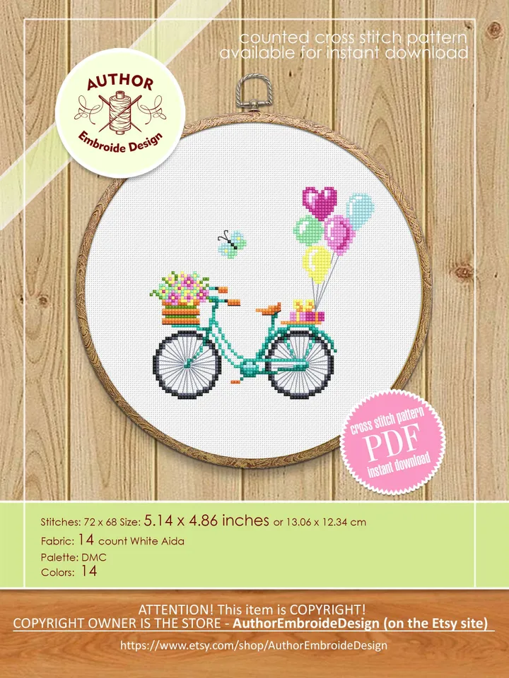 Set Bicycle with flowers cross stitch pattern PDF download Vintage bicycle cross stitch chart Flower basket bike, Bicycle with balloons #O17