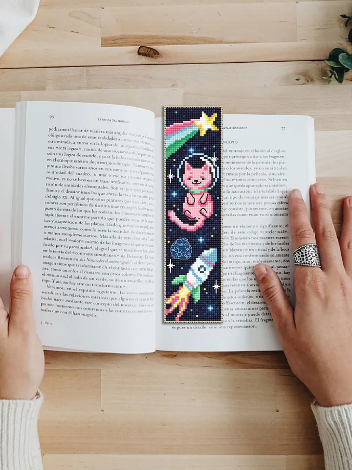 Cat in space bookmark cross stitch pattern PDF download Cute galaxy cat cross stitch chart, Handmade bookmark digital, Cat lover gift #B198