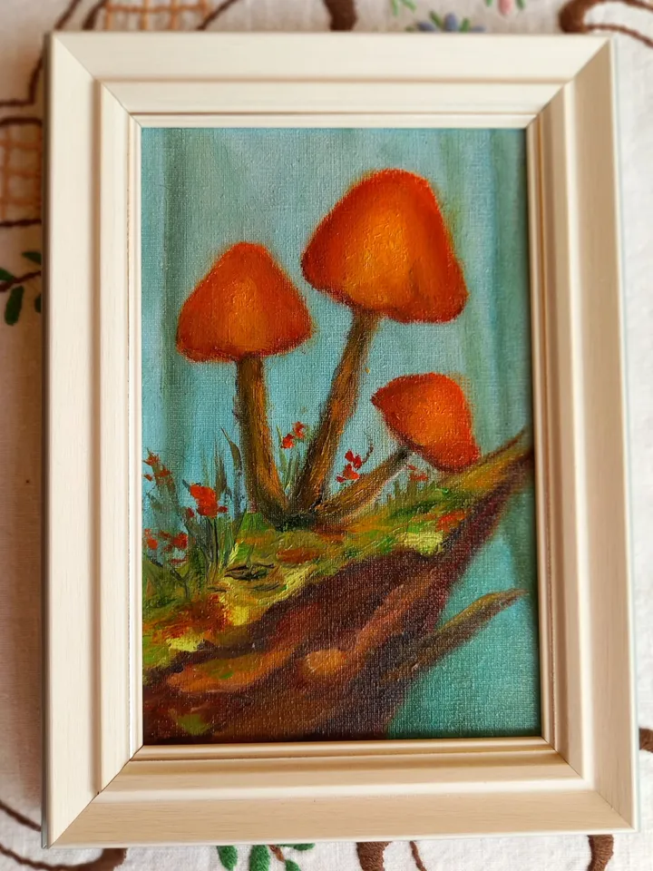 Mushrooms original oil painting 10x15 cm in a frame