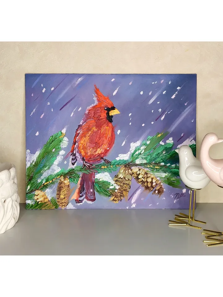 Cardinal painting Bird Original Art 9 by 12 Nothern Cardinal Artwork Virginia bird fine art oil painting by Plotnikova