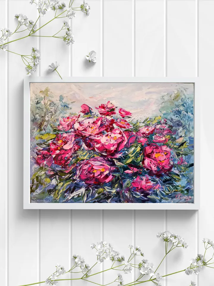 Oil Painting Peony Flowers Bushes Landscape Impasto Original Artist Svinar Oksana