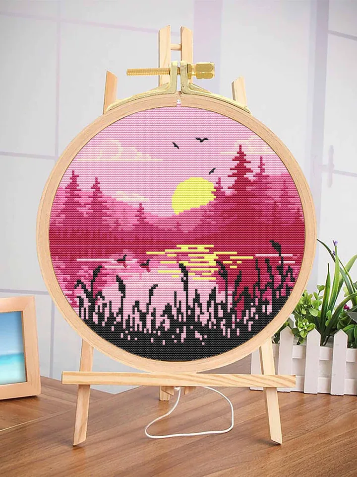 Nature cross stitch pattern download PDF Lake landscape cross stitch Sunset embroidery Forest silhouette xstitch chart DIY Home decor #L15