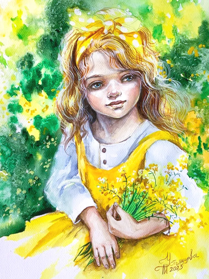 Portrait of a girl, yellow bouquet, watercolor painting