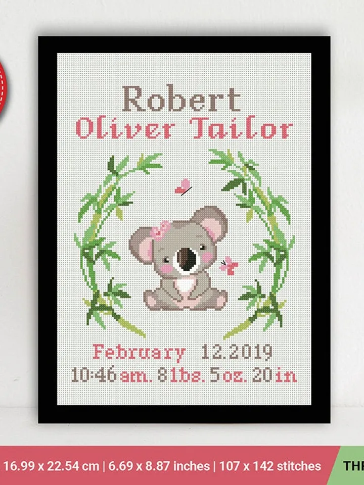 Koala Birth announcement cross stitch pattern, baby, personalized, boy girl nursery decor, counted, chart, gift DIY, embroidery, instant PDF