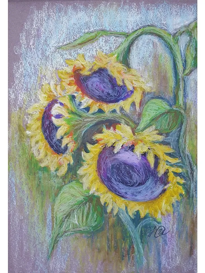 Sunflowers Painting Floral Original Art Flower Wall Art Oil Pastel Painting