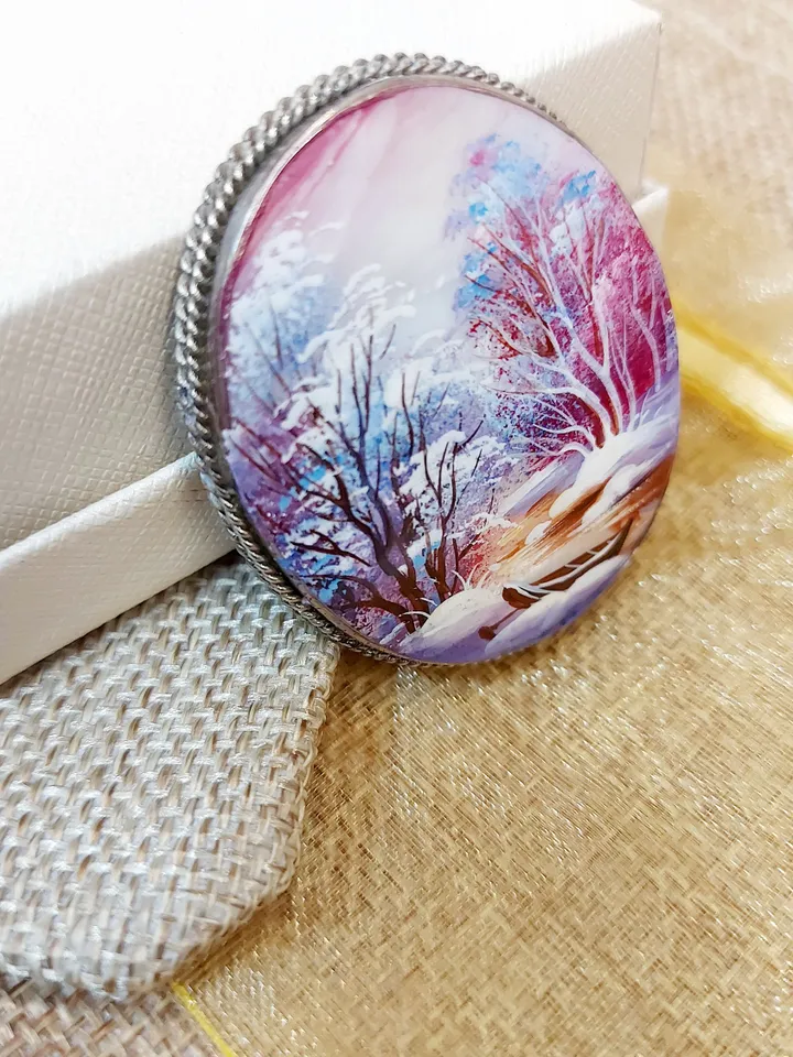 Brooches for women: river and charming little boat in a snow-covered forest on pearl brooch • purple dainty handmade jewelry • Aesthetic pin