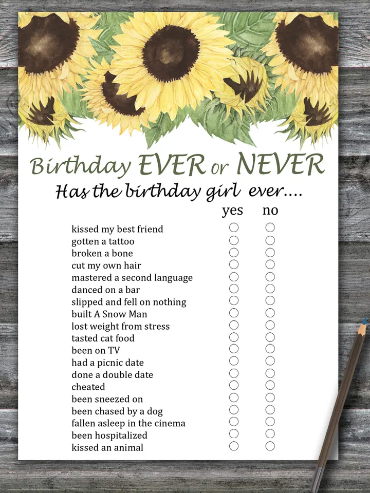 Sunflower Birthday ever or never game,Adult Birthday party game printable-fun games for her-Instant download