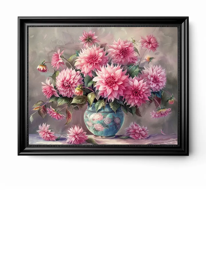 Bouquet of pink dahlias in a vase watercolor drawing, digital illustration, digital painting , wall art decoration. AI