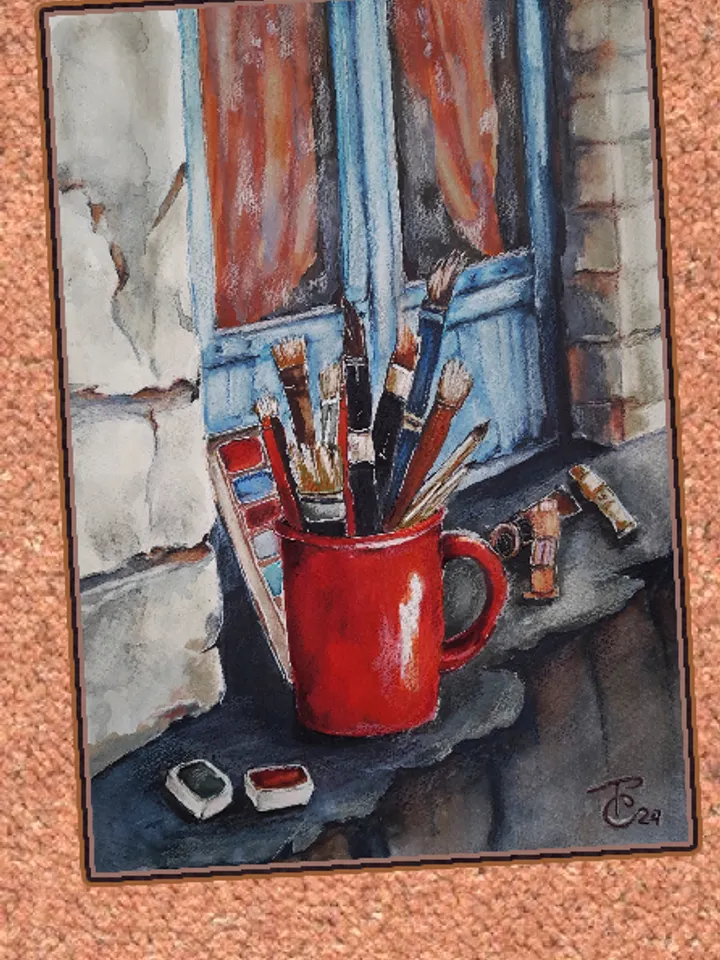 Watercolor painting.
Still life of the artist. Red mug and brushes 21x30 cm (8.3 х 11,7 inches)