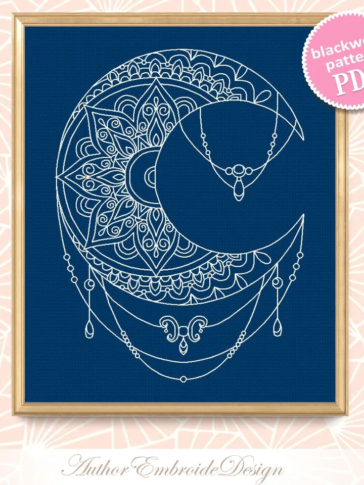 Crescent moon blackwork pattern PDF download Mandala moon embroidery PDF, Backstitch chart Moon ornament, Mandala blackwork embroidery #W32
