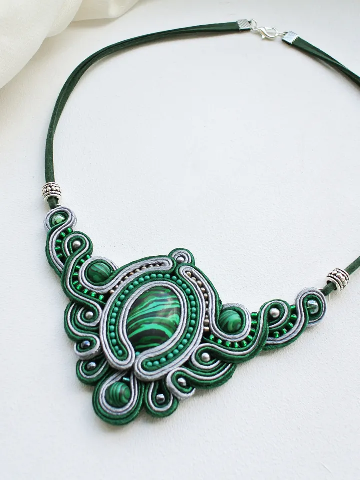 Malachite Green Statement Necklace, Soutache embroidered necklace with natural stone