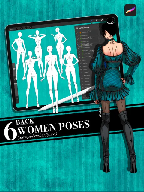 Procreate brushes, body poses of female figure, set "Back"