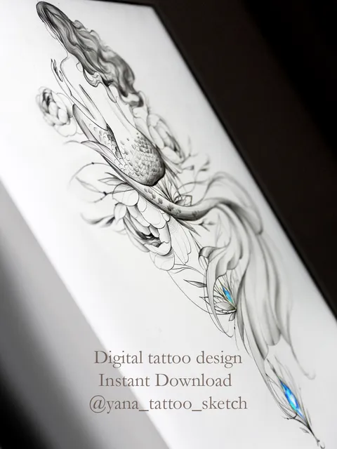 Mermaid Tattoo Design Mermaid Tattoo Stencil Idea Sketch, Instant download PDF, JPG