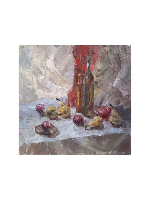 Plum Pear PAINTING 8,8x9,1" ORIGINAL ART Fruit Still Life Kitchen Artwork Signed by artist Marina Chuchko