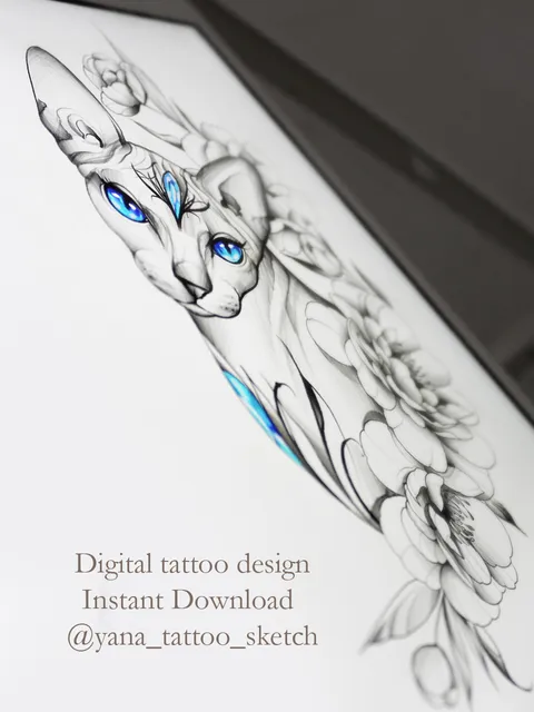Sphynx Cat Tattoo Design Cat Sphynx Tattoo Idea Stencil Sketch, Instant download PDF, JPG