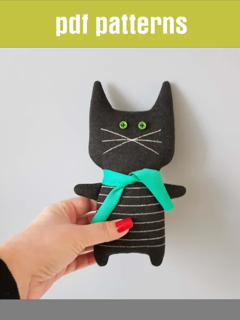 Black Cat sewing pattern PDF, Diy Halloween Doll, digital tutorial in English, stuffed animal pattern