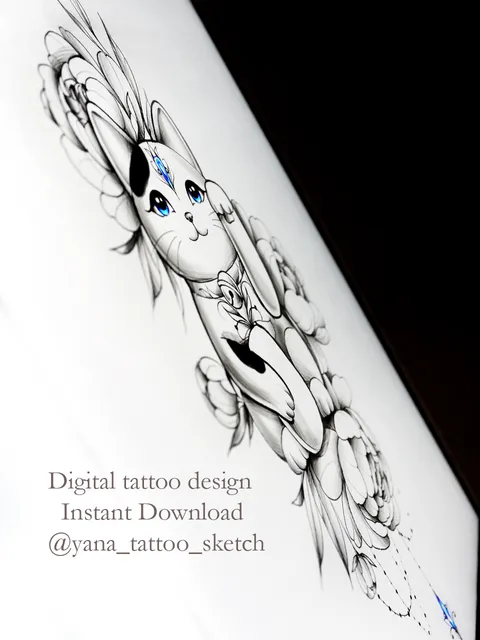 Maneki Neko Tattoo Design Lucky Cat Maneki Neko Tattoo Sketch Idea Fine Line, Instant download PDF, JPG