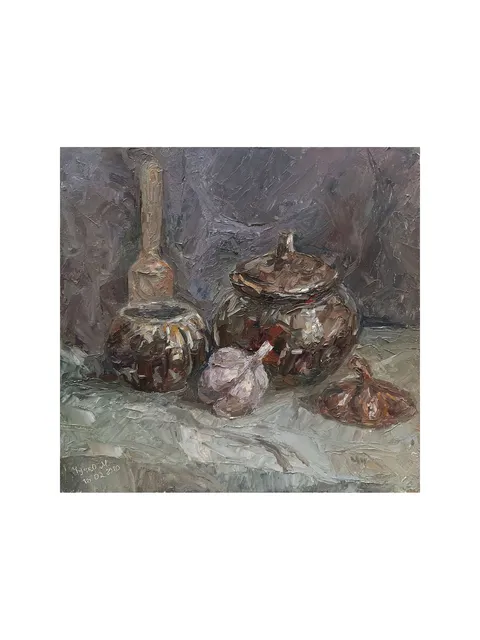 Garlic PAINTING 8,7x9,1" ORIGINAL ART Kitchen Artwork Ceramic Pots Still Life Signed by artist Marina Chuchko