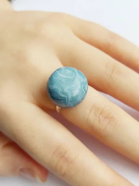 Marbled teal statement ring, handmade with polymer clay, silver plated, adjustable, lightweight, simple and unique, minimalist designer ring €29.83