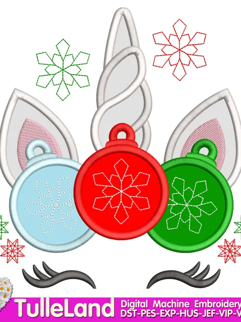 Christmas Snowflake Unicorn Holiday Winter Snow Merry Christmas Tree Unicorn Design applique for Machine Embroidery
