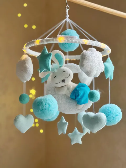 Bunny mobile crib. Baby boy mobile nursery. Musical mobile handmade