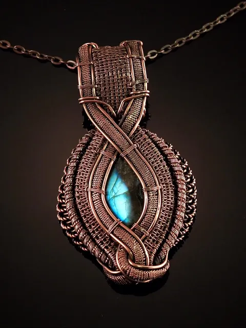 Labradorite pendant for women Wire wrap copper necklace Handmade artisan jewelry