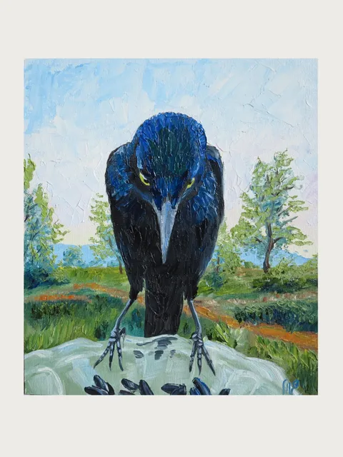 Original Oil Painting Small Crow Portrait Raven Perched on Plate of Seeds Canvas Artwok  Detailed Bird Mini Art