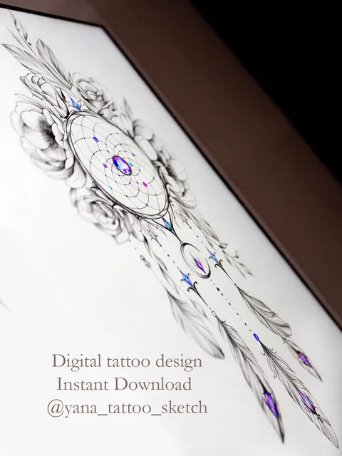 Dreamcatcher Tattoo Design Flower Dreamcatcher Tattoo Stencil Idea Sketch For Females, Instant download PDF, JPG