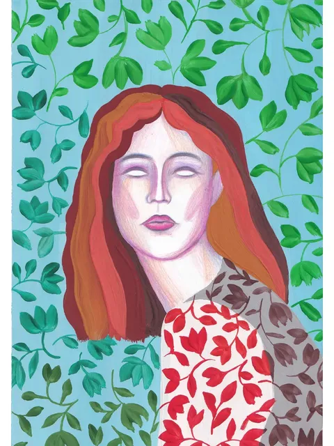 Digital Art illustration Girl Red hair Blue background