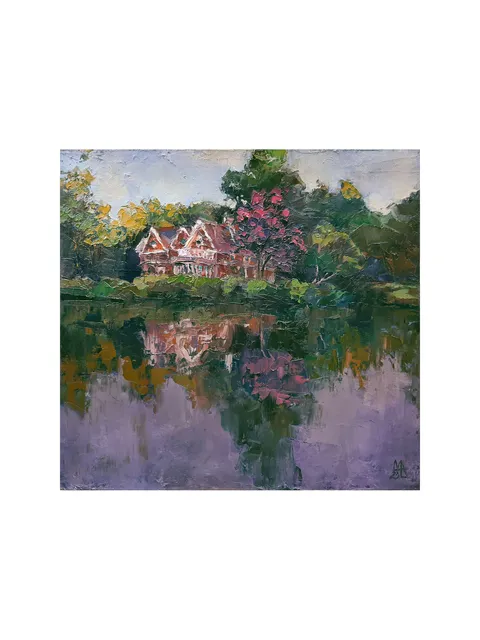Lake painting House Landscape 9x9,5" ORIGINAL ART Impressionist Fine Art Signed by artist Marina Chuchko