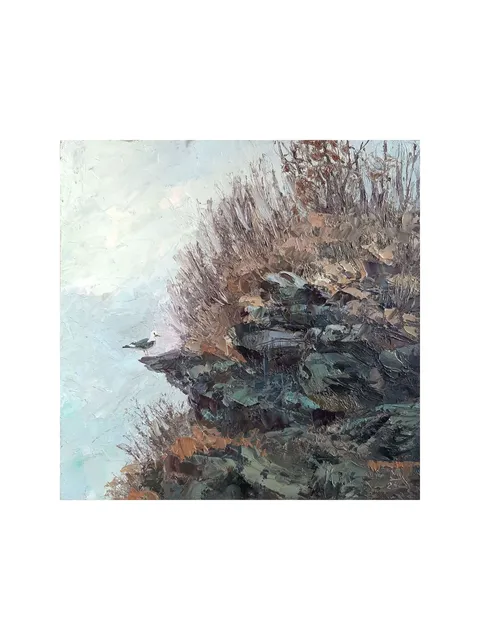 Seagull Painting 8x8" Rocks Sea Fog Artwork ORIGINAL ART Impressionist Cliff Painting Signed by artist Marina Chuchko
